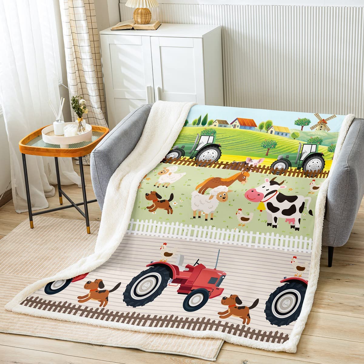 Kinder Karikatur Bauernhof Tiere Decke 150x200cm Flanell Fleecedecke für Jungen