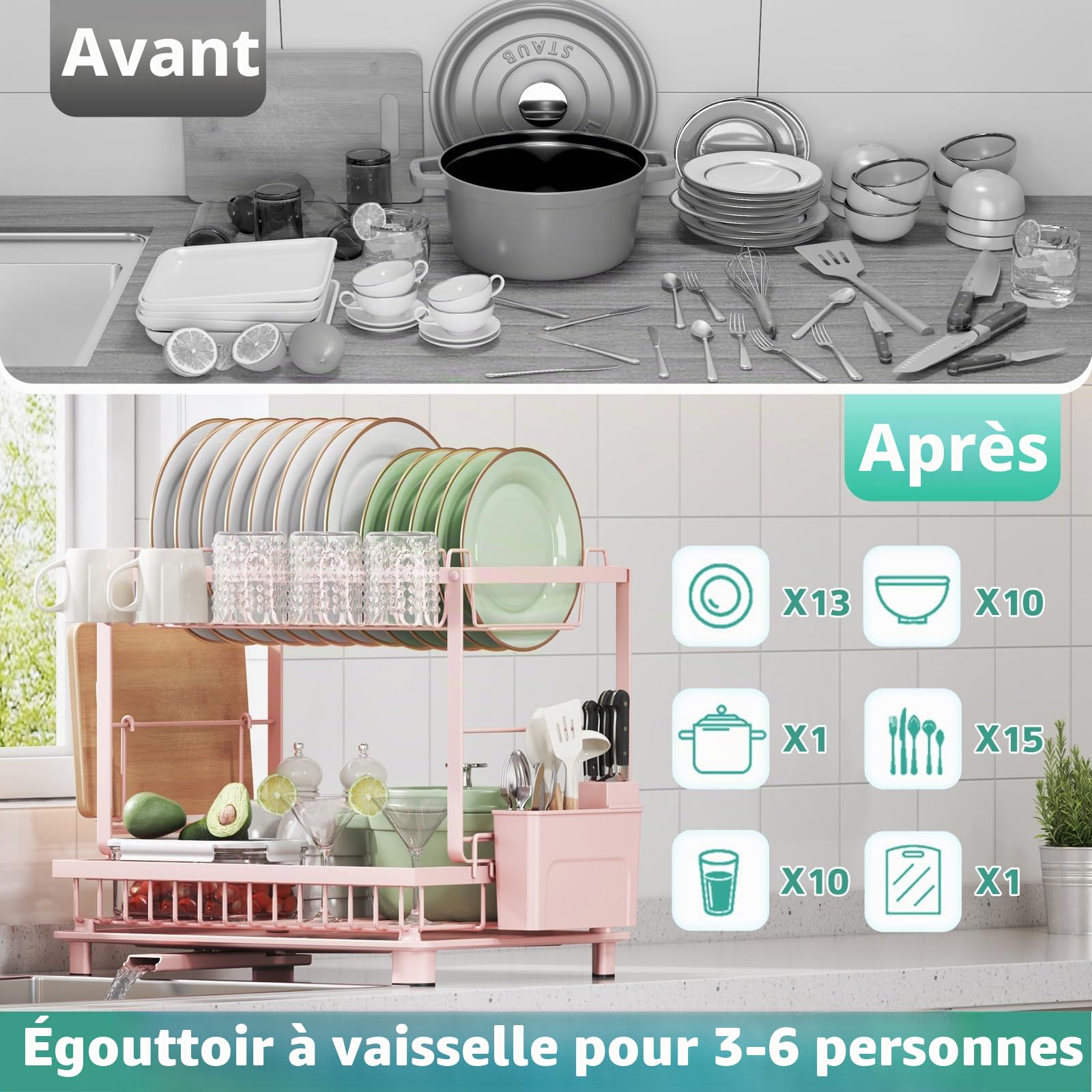 Égouttoir à Vaisselle Multifonction à 2 Niveaux, antirouille avec égouttoir, ustensiles et Porte-gobelets pour comptoir de Cuisine, Rose