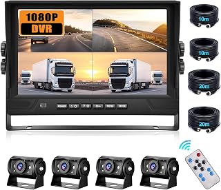 CAMECHO Backup Camera Set for Trucks with 4 Cameras 9-Inch LCD Monitor DVR Recording Large Field of View IP68 Waterproof 18 IR Night Vision for Camping Cars RV Trailers Buses 12-35V