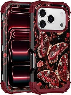 LONTECT for iPhone 17 Pro Max Case 3 in 1 Shockproof Heavy Duty Rugged Hard PC+Soft Silicone Full Body Protective Cover Case for Apple iPhone 17 Pro Max 2025, Ruby Gem Butterfly