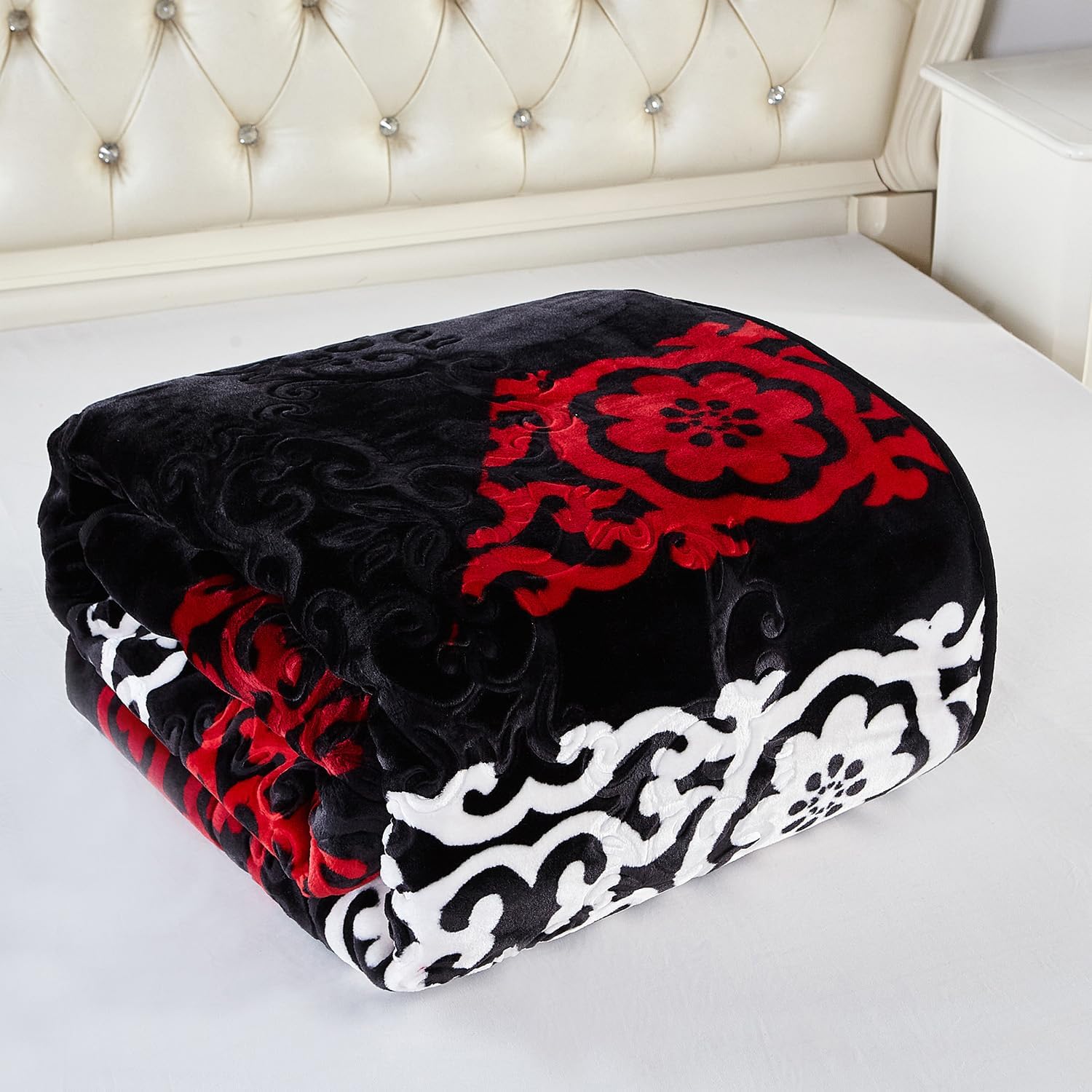 JYK Korean Mink Blanket - King Size 85" x 95", 9 Lbs Single Ply Soft Flannel Fleece, Warm Thick Bed Blanket for Winter, Autumn, Black/Red Floral