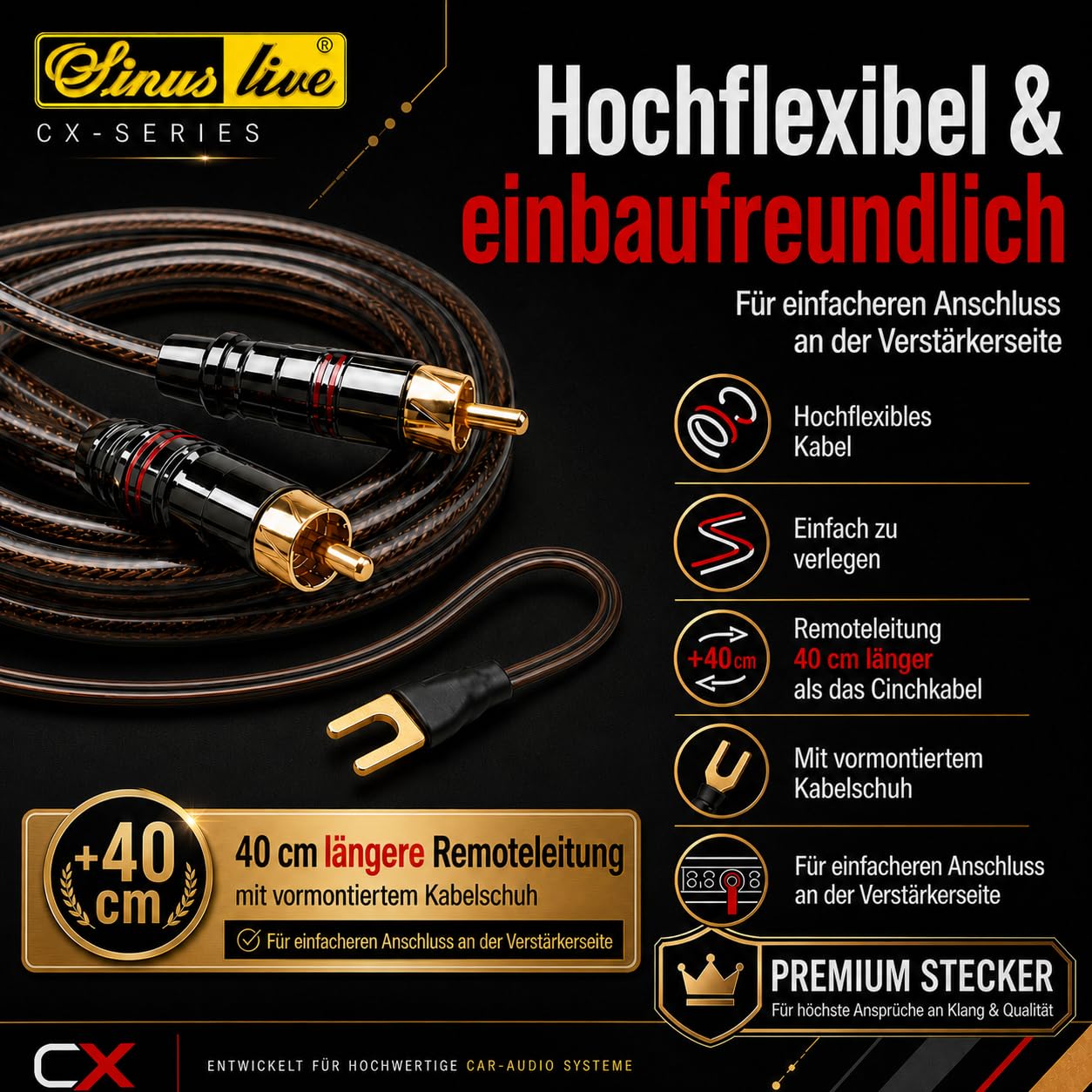 Sinuslive KS-16 5m Car-HiFi Batteriekabel Set 16mm² – anschlussfertiges Kabelset für Endstufe Verstärker, mit 60A Mini-ANL Sicherung, Pluskabel, Massekabel und CX-50 Cinchkabel