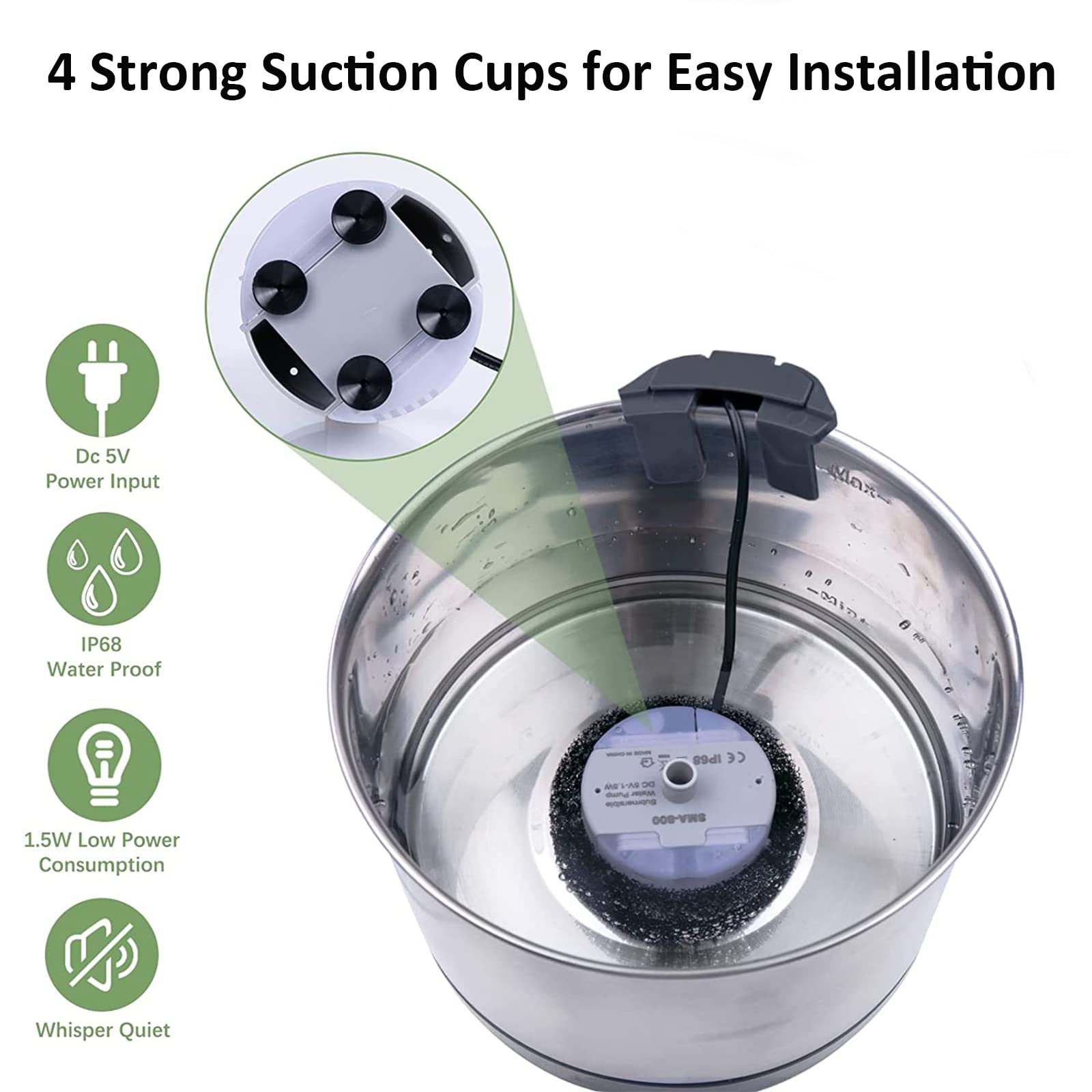 Ewilibe Quiet Cat Fountain Pump, USB-Powered, Compatible with 3.2L/108oz 2.5L 2L Stainless Steel Cat Fountain, White - Image 3
