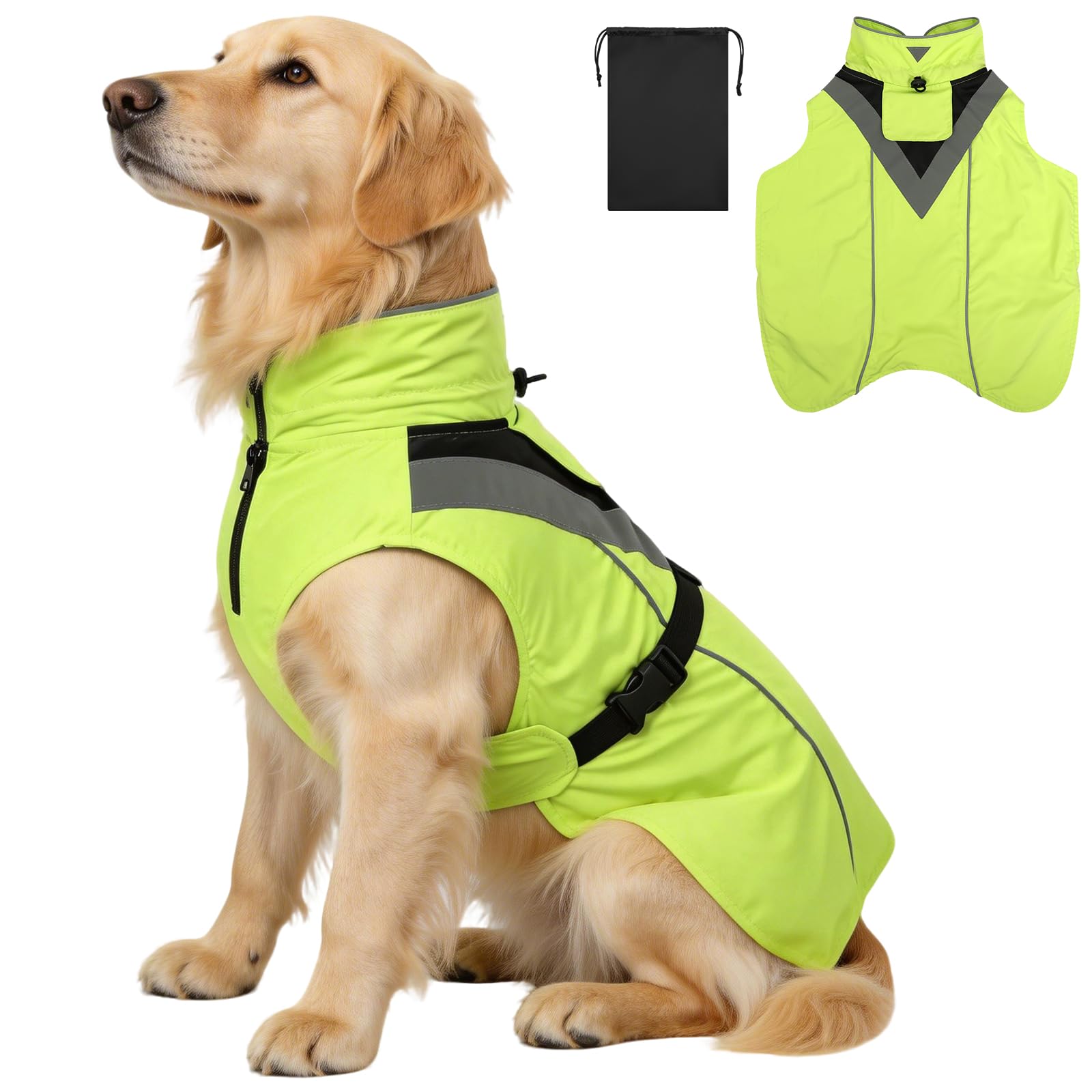 AOOWU Dog Raincoat, Dog Waterproof Coat, Lightweight Hooded Adjustable Reflective Raincoat, Waterproof Rainwear Rain Jacket for Medium Large Dog, Dog Vest Rainwear Clothes Apparel with Leash Hole, S