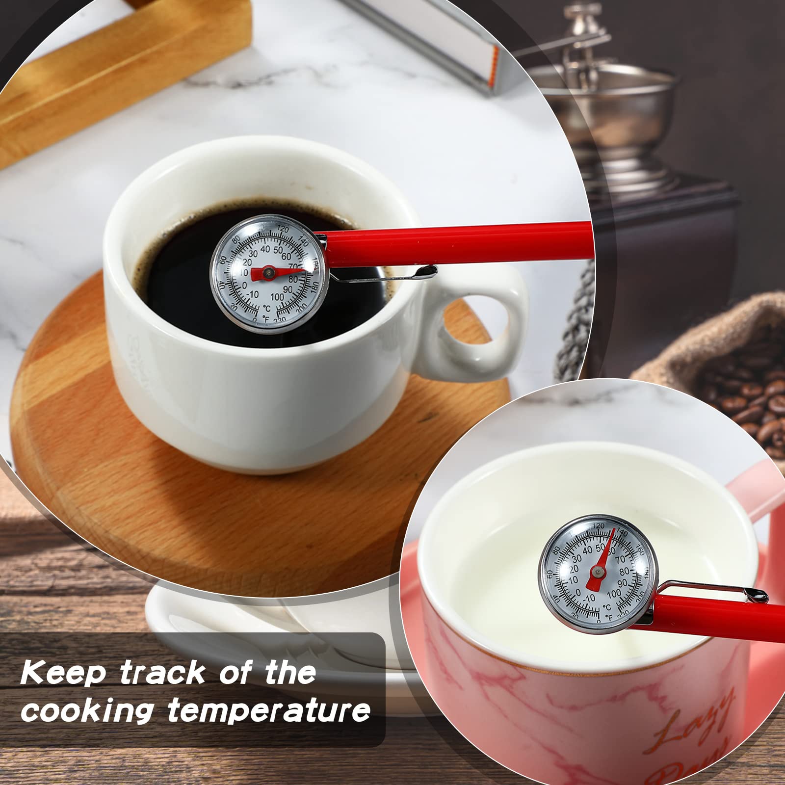 Termómetro de cocina de acero inoxidable de 12 piezas con tallo rojo de 5 pulgadas de largo, termómetro de esfera de 1 pulgada, termómetro de alimentos para sonda de horno, carne, espuma, parrilla,