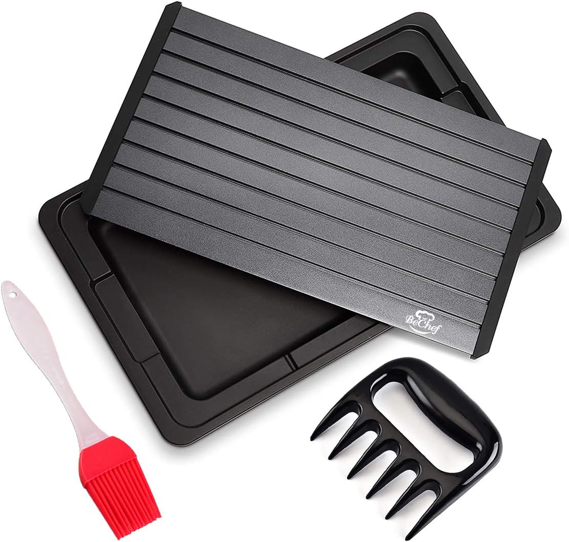BeChef Defrosting Tray | 16"x10"x6MM Extra Large Thawing Plate | With drip tray, silicone basting brush, shredding claw | No Electricity, No Chemicals, No Microwave | Premium Quality