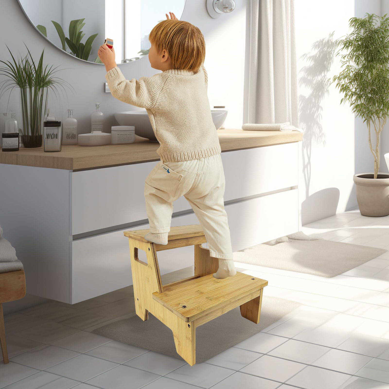 Gradino Legno, con 2 Gradini, Maniglia e Tappetino Antiscivolo, Sicuro e Stabile, Superficie Liscia e Priva di Bave, Adatto a Bagni, Cucine e Camere Dei Bambini