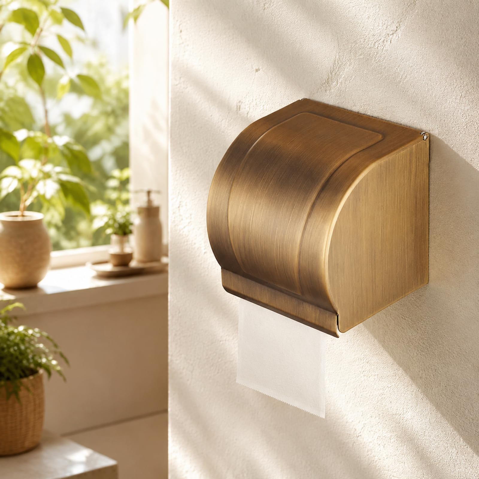 Yajuyi Dispensador Cerrado Papel Higiénico sin Taladro Portarrollos Cobre Pared Portarrollos con Tapa Curva para Aseo