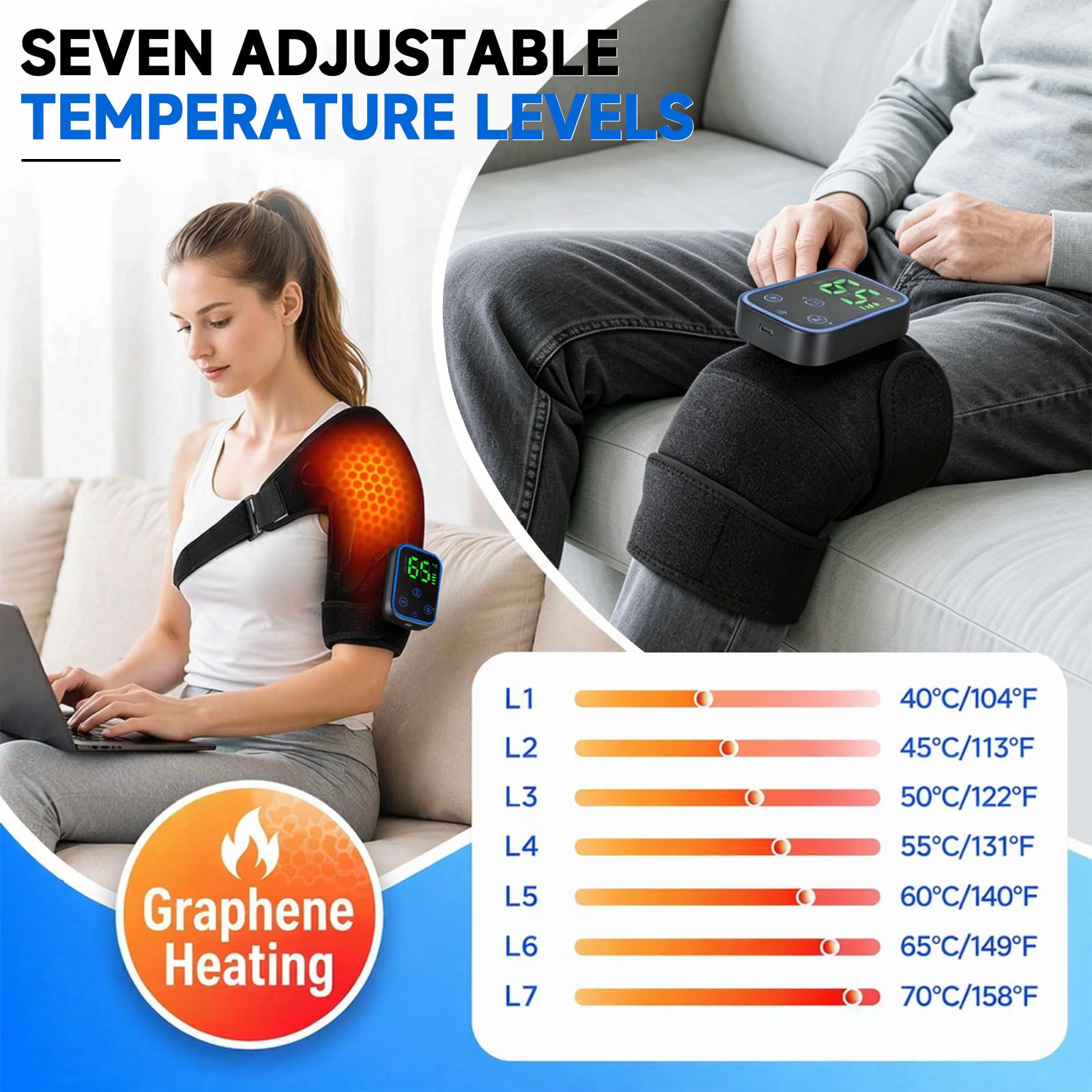 Triple méthode - Genouillère chauffante sans fil - Appareil de massage des épaules - Coussin chauffant pour genoux - Avec contrôle tactile - 5000 mAh - Minuterie à 3 niveaux