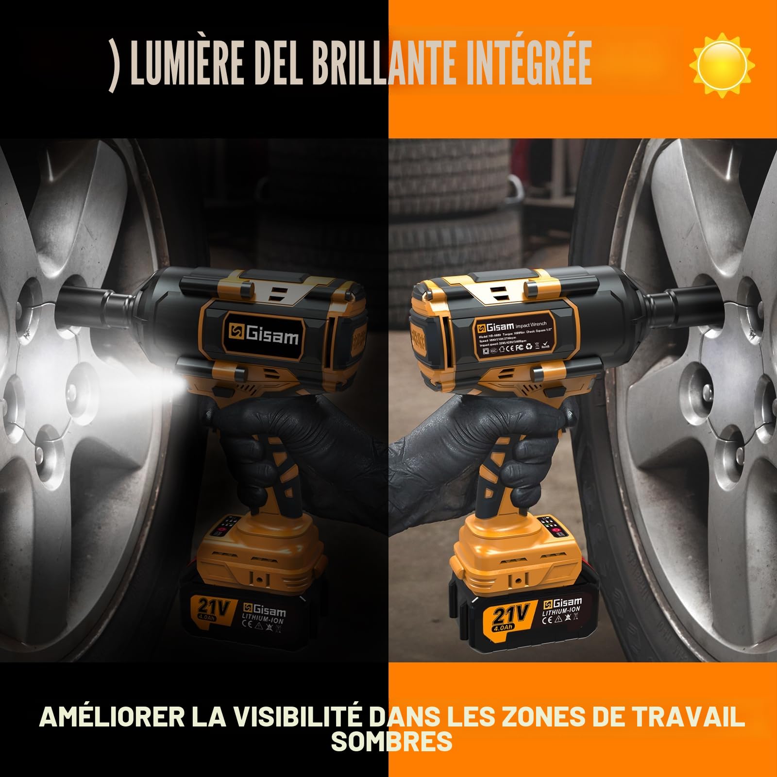 Gisam 1000 N.m Clé à Chocs Sans Fil Brushless, 1/2 pouce Boulonneuse a Choc Electrique avec 2x4.0Ah Batterie, Chargeur Rapide, Visseuse à Choc avec 5 Douilles pour la Voiture et la Maison