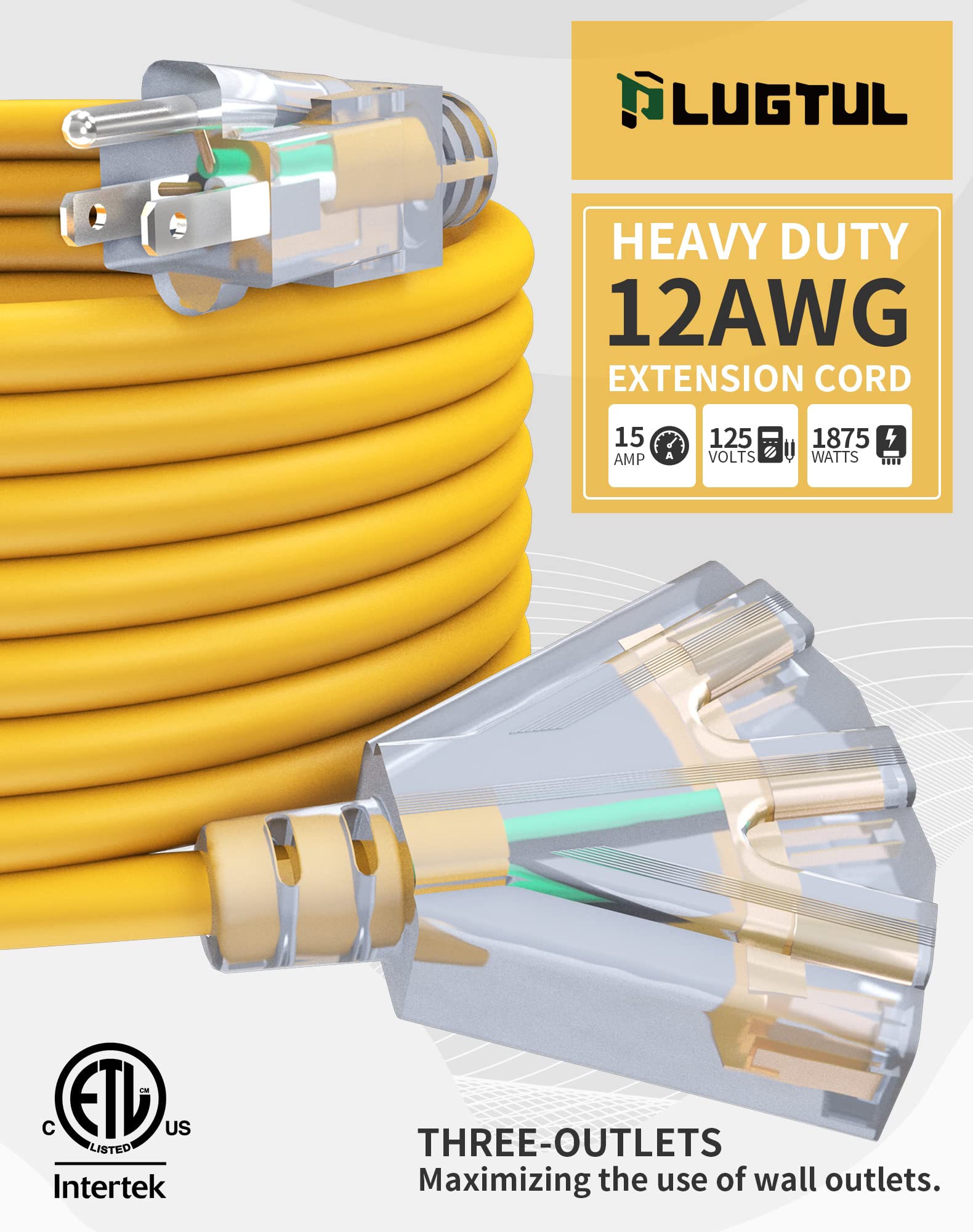 Cable de extensión para Exteriores de 25 pies 12/3 con 3 Tomas, Resistente 12 AWG 3 Clavijas, Resistente al Agua, con Extremo Iluminado, 15 A 12 AWG 1875 W SJTW, certificación ETL, Ideal para Garaje,