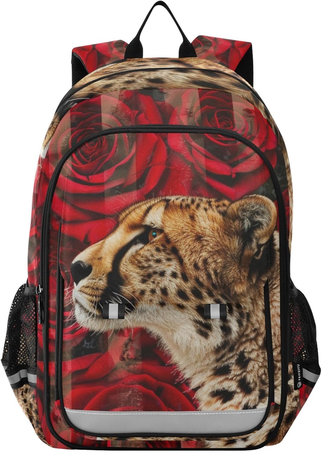Backpack Leopard Front Roses Red Travel Laptop Daypack Shoulder Bag Book Bag Daypack with Reflective Strip 12.9 ×17.7 In