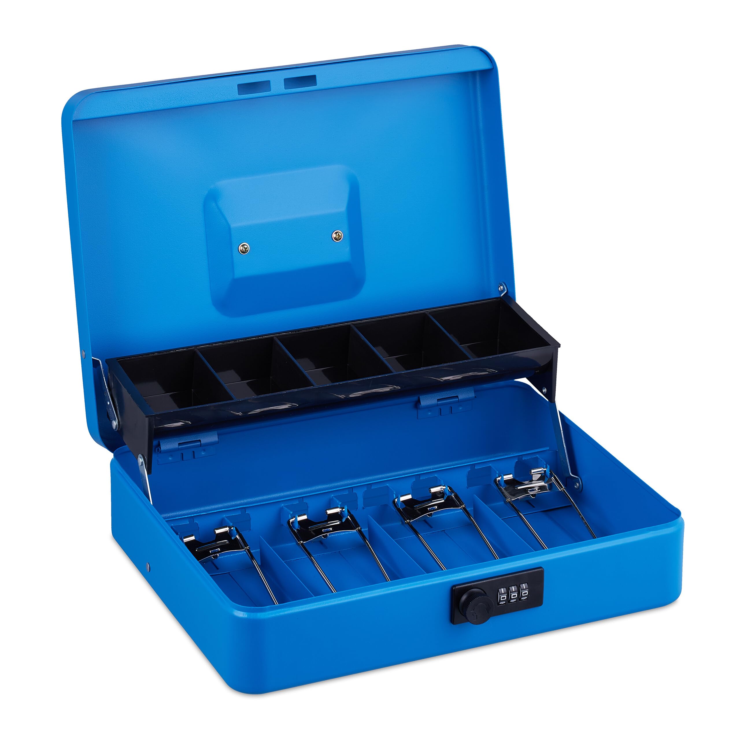 Relaxdays Cassetta con Combinazione Numerica a 3 Cifre, Porta Soldi con Inserto per Monete e 4 Scomparti, n Ferro, Blu