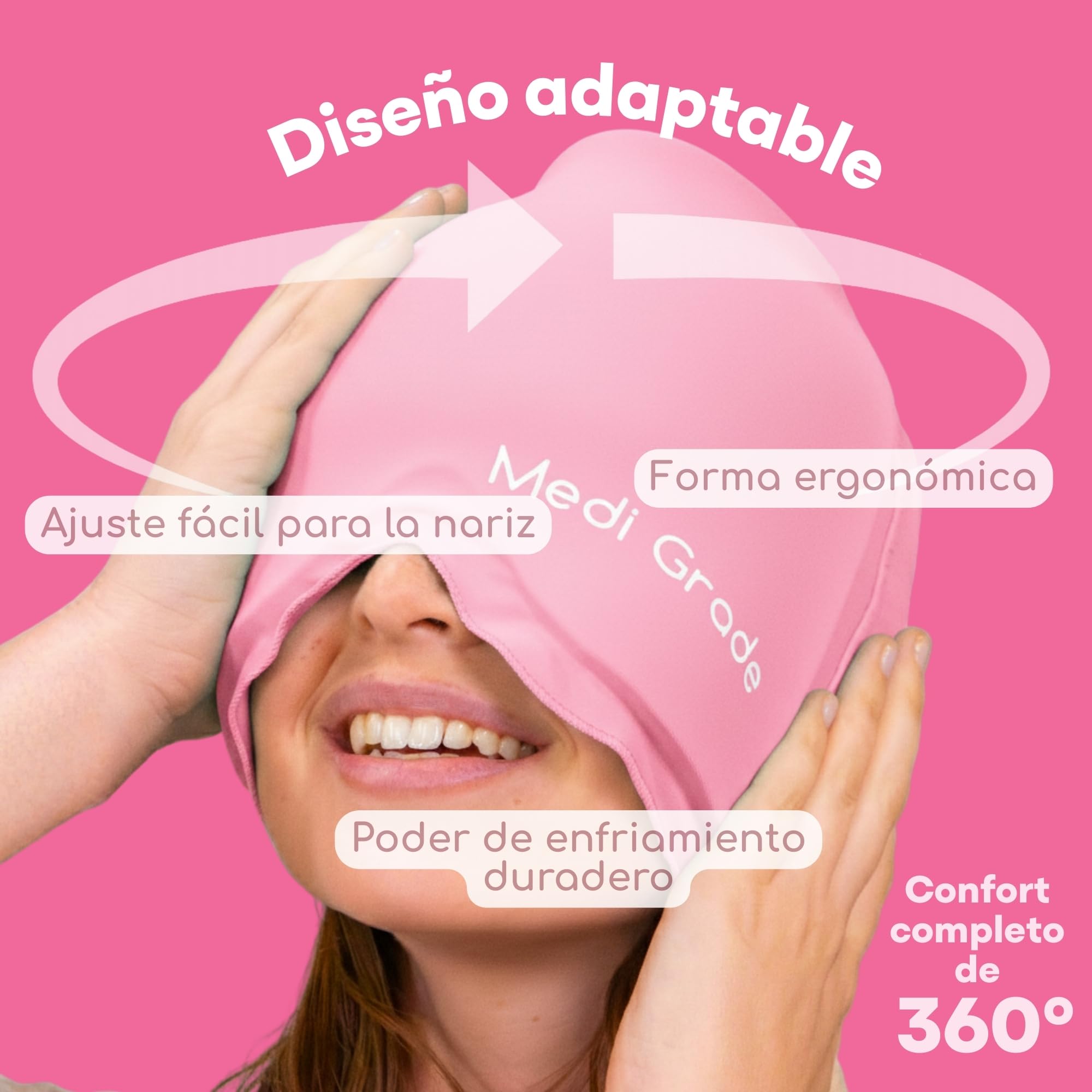 Medi Grade Gorro para Aliviar la Migraña 360 de Cobertura Total, Rosa – Gorro para Migrañas de Compresión Refrigerante – Reutilizable, Tejido Flexible y Suave que Bloquea la Luz – Terapia de Frío