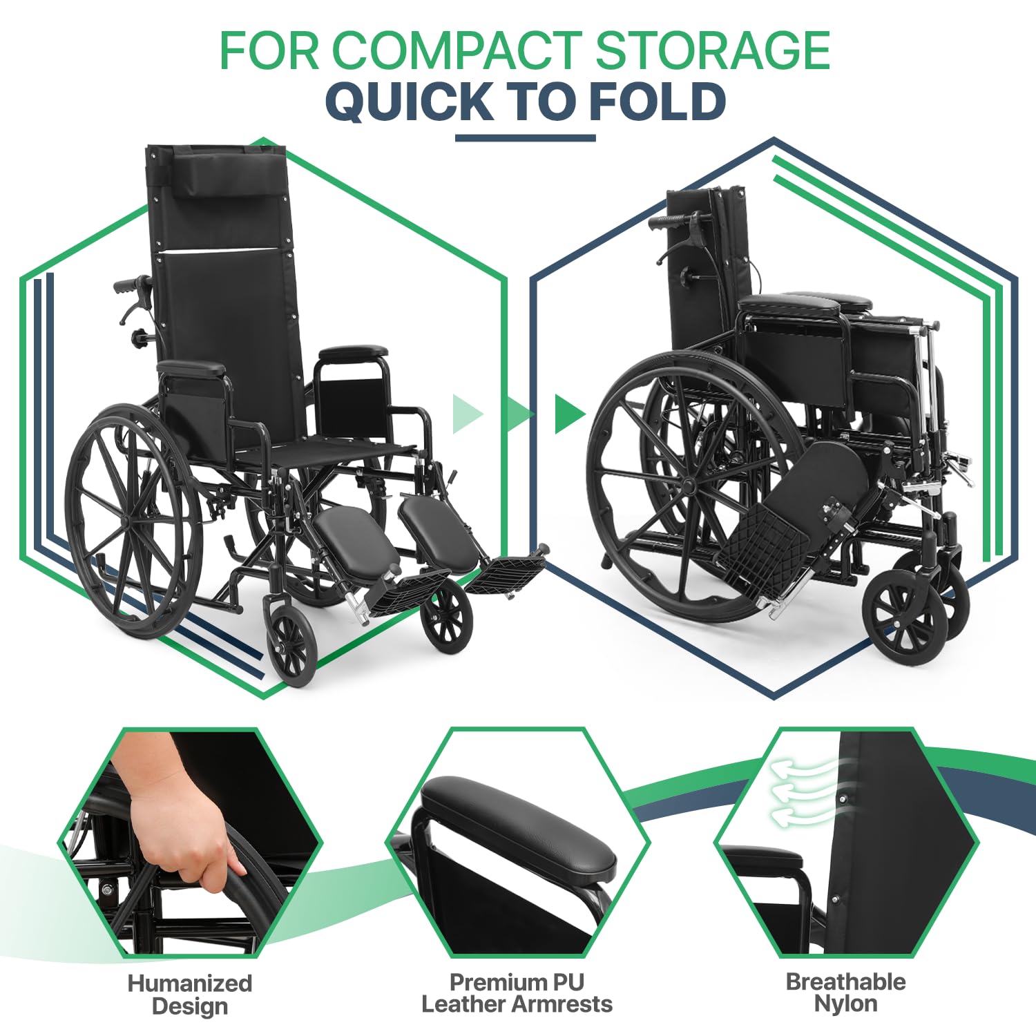 Magshion Silla de ruedas plegable con respaldo alto para adultos, 300 libras, 18.5 pulgadas, asiento reclinable, plegable, autopropulsado, silla de ruedas de transporte resistente