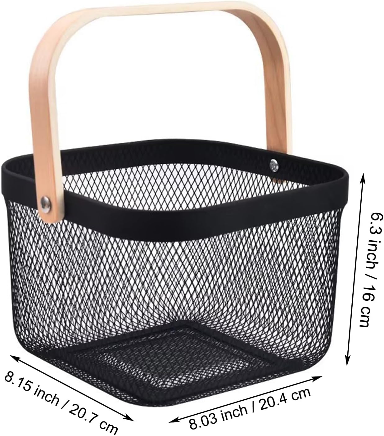 AJIODA Metal Mesh Wire Basket, Small Steel Basket with Wooden Handle Storage Organizer Basket Multi-functional Hanging Kitchen Baskets Fruit Baskets for Kitchen Bathroom Cabinet Pantry Snacks, Black image 3
