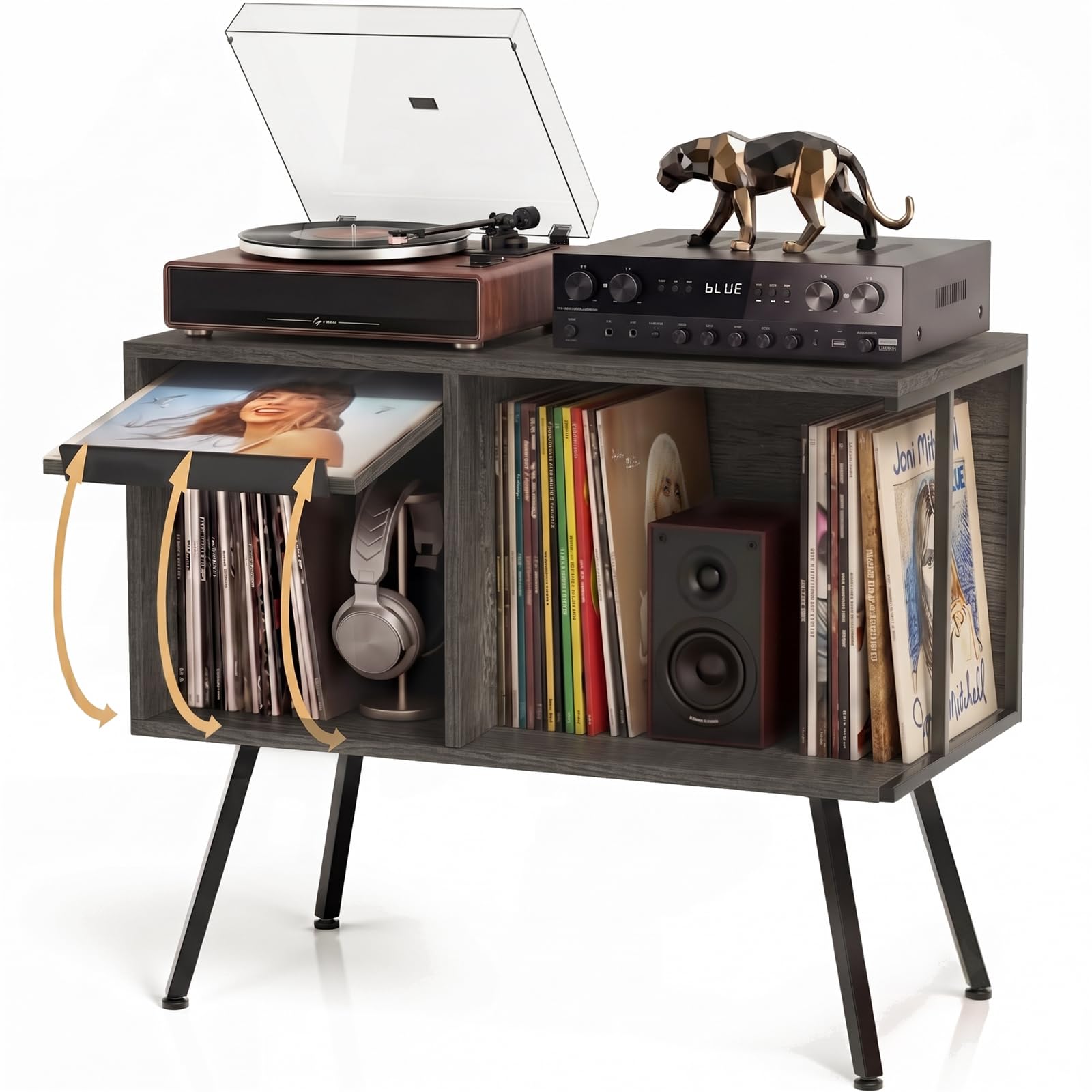 Faesun Record Player Stand with Flip-Down Record Shelf, Gray
