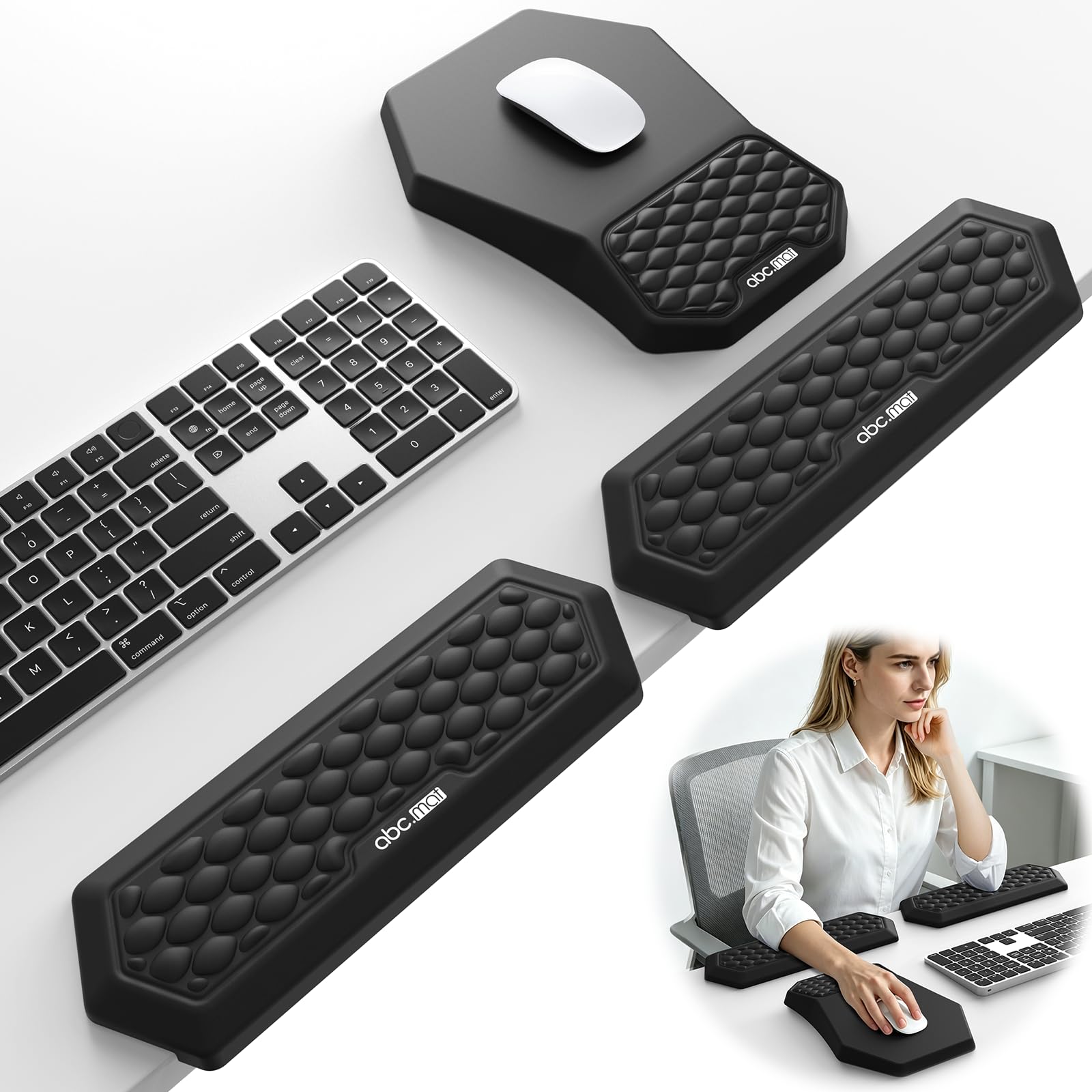 Gomitiere da scrivania 2 in 1 a forma di L, cuscino ergonomico per scrivania e tappetino per mouse con poggiapolsi, morbido supporto in memory foam per polso, braccio, gomito, base antiscivolo, nero