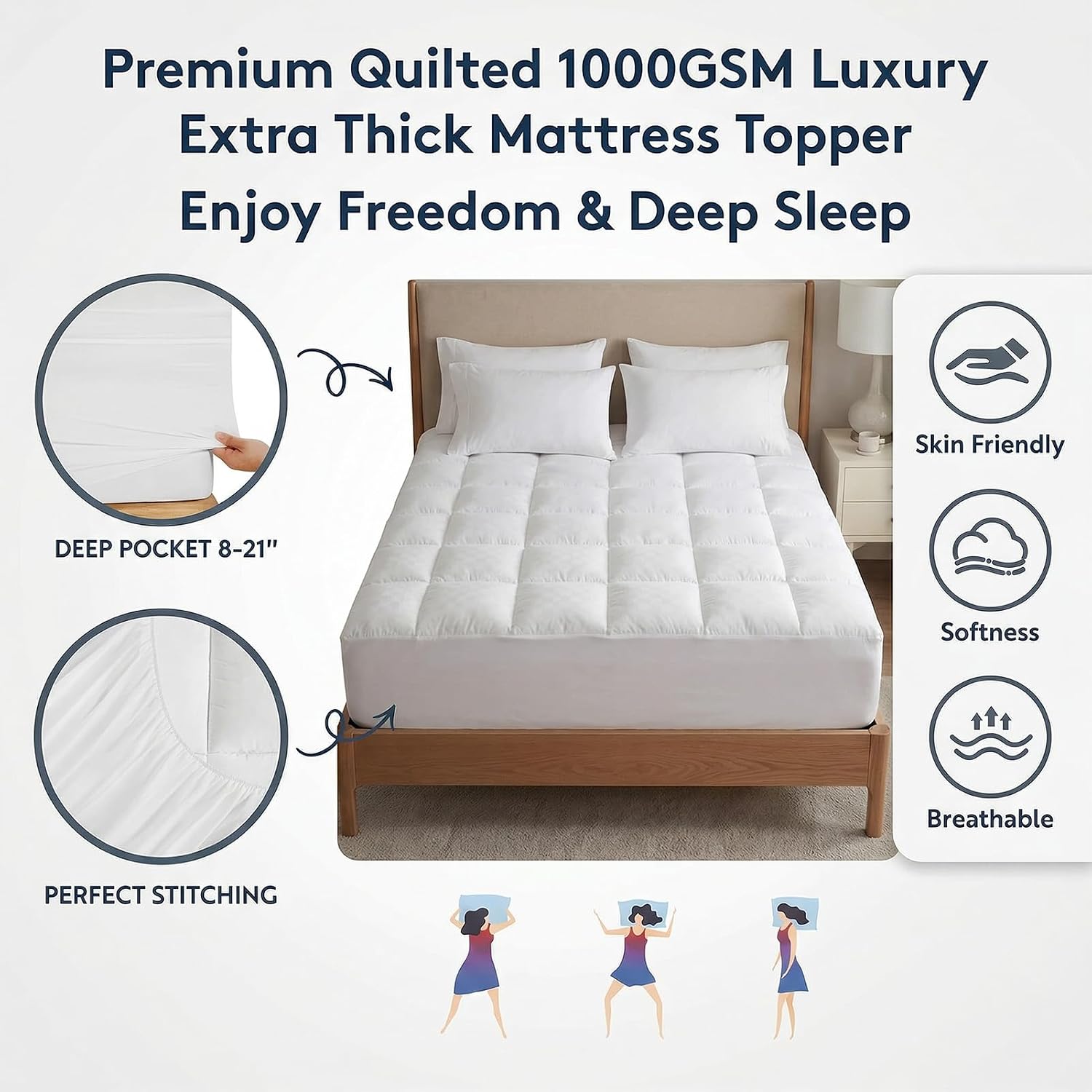 Premium Quilted 1000GSM Luxury Extra Thick Mattress Topper - Breathable & Fluffy Soft, Luxury Hotel-Quality Quilted Mattress Topper w/ 8-21" Deep Pocket, Wake up Pain-Free & Sleep Better (King)