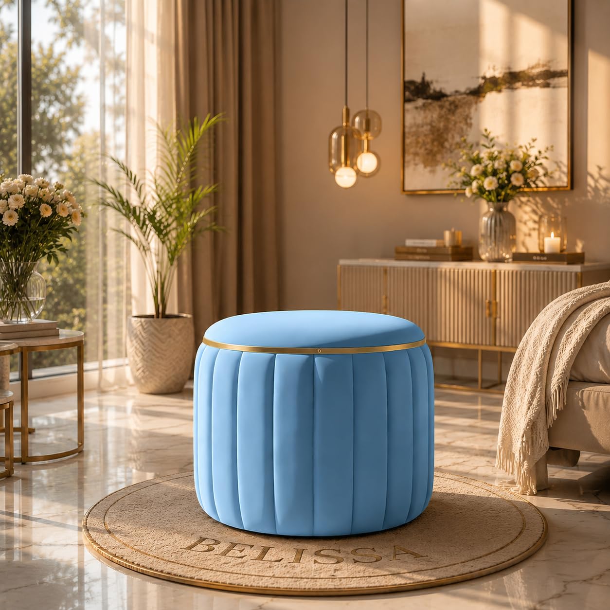Belissa Luxury Round Velvet Ottoman Stool with Metal Accent Trim, Upholstered Pouffe Footrest and Accent Seating for Living Room & Home Decor (Sky Blue)-image-21
