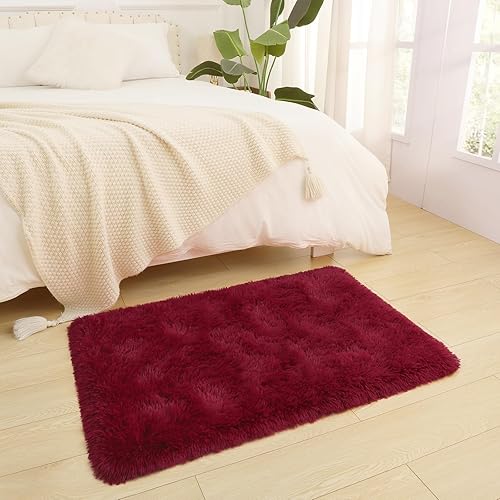 Miniatura 3 de DETUM Alfombra pequeña de 2 x 3 pies para dormitorio, Kicthen entrada, pasillo, lavable, antideslizante, color borgoña, alfombras de felpa para