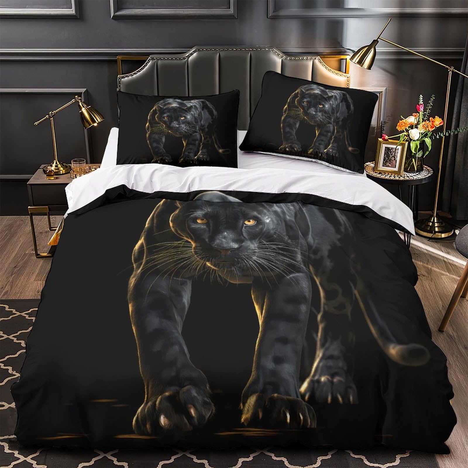 Linge de lit panthère noire 220x240 cm avec 2 taies d'oreiller