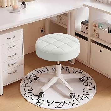 JPBSTO Small Rolling Stool with Wheels, PU Leather Height Adjustable Vanity Work Task Stool, 360 Swivel, Padded Seat Cushion,for Salon, Home, Office