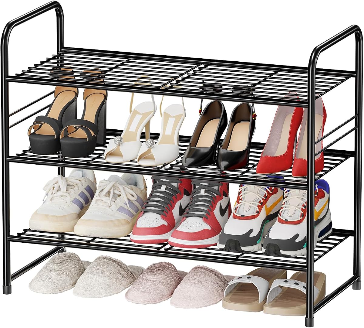 Simple Shoe Rack, Heavy Duty Metal Closet Shoe Storage Organizer, Black | 3 Tier 27 Inch Wide Wired Grid Shelf for Closet, Entryway, Stackable, Easy Assembly