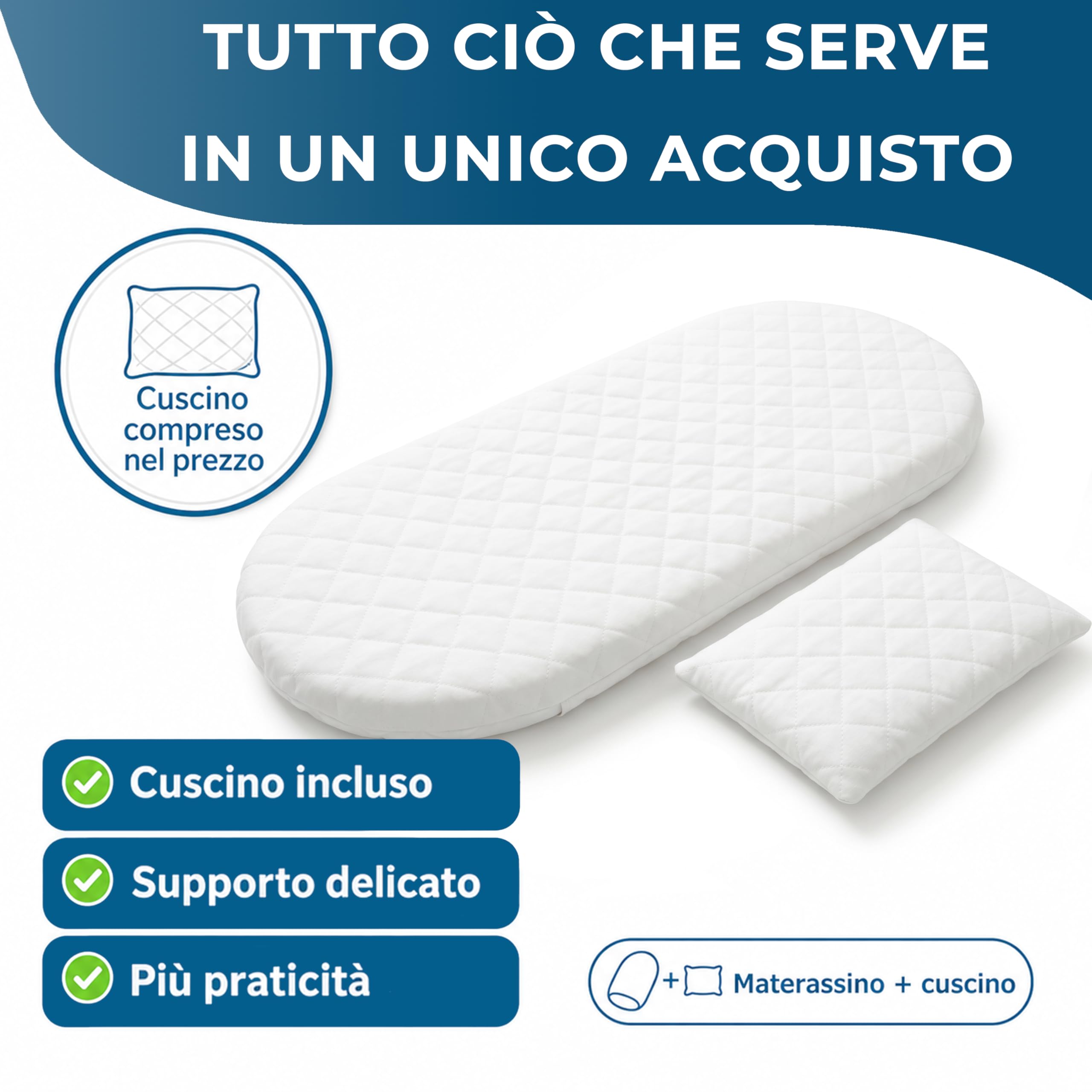 Manami® Materasso Culla e Navicella con Cuscino, Made in Italy, Cotone Trapuntato Sfoderabile, Materasso Carrozzina Traspirante per Neonato, 74x34x6 cm