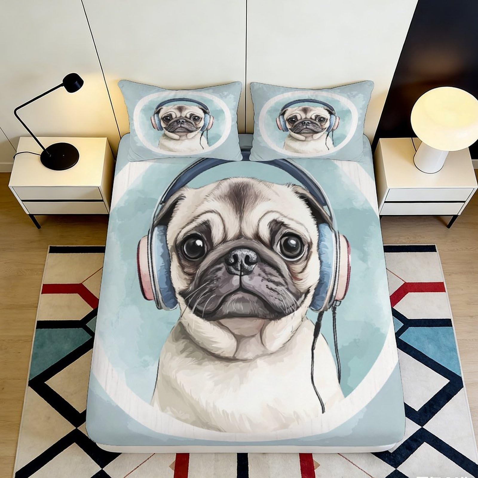 3D Printed Headphone Pug Fitted Sheet Microfiber Soft Anti-Slip Dog Cartoon Mattress Cover for Bedroom Dorm Decor 140x200x25cm