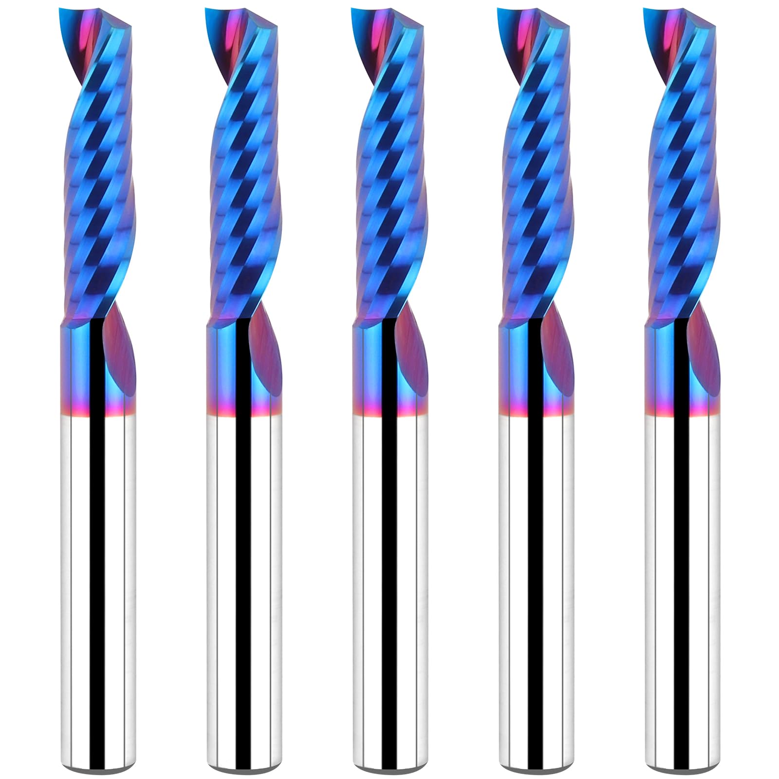 EANOSIC 5PCS Solid Carbide Single Flute End Mill 1/4” Shank, Upcut CNC Spiral Router Bit O Flute Milling Cutter for Aluminum Plastic Acrylic PVC MDF