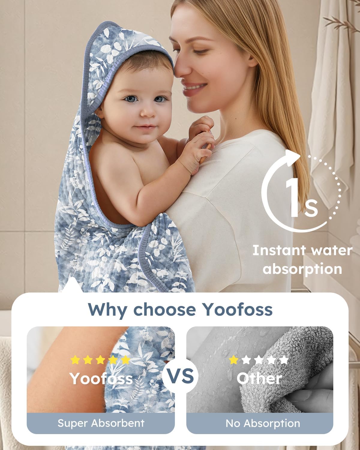 Yoofoss Hooded Baby Towels for Newborn 2 Pack 100% Muslin Organic Cotton Baby Bath Towel with Hood for Babies, Infant, Toddler and Kids, Large 32x32Inch, Soft and Absorbent Newborn Essential - Image 3