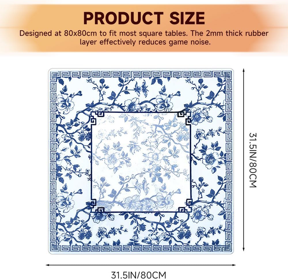 Chinoiserie Mahjong Mat for Table with Black Carrying Bag, Anti-Slip, Noise-Reducing Table Cover for Mahjong Poker Board Games Dominoes Card Games 31.5" x 31.5" (Light Blue)