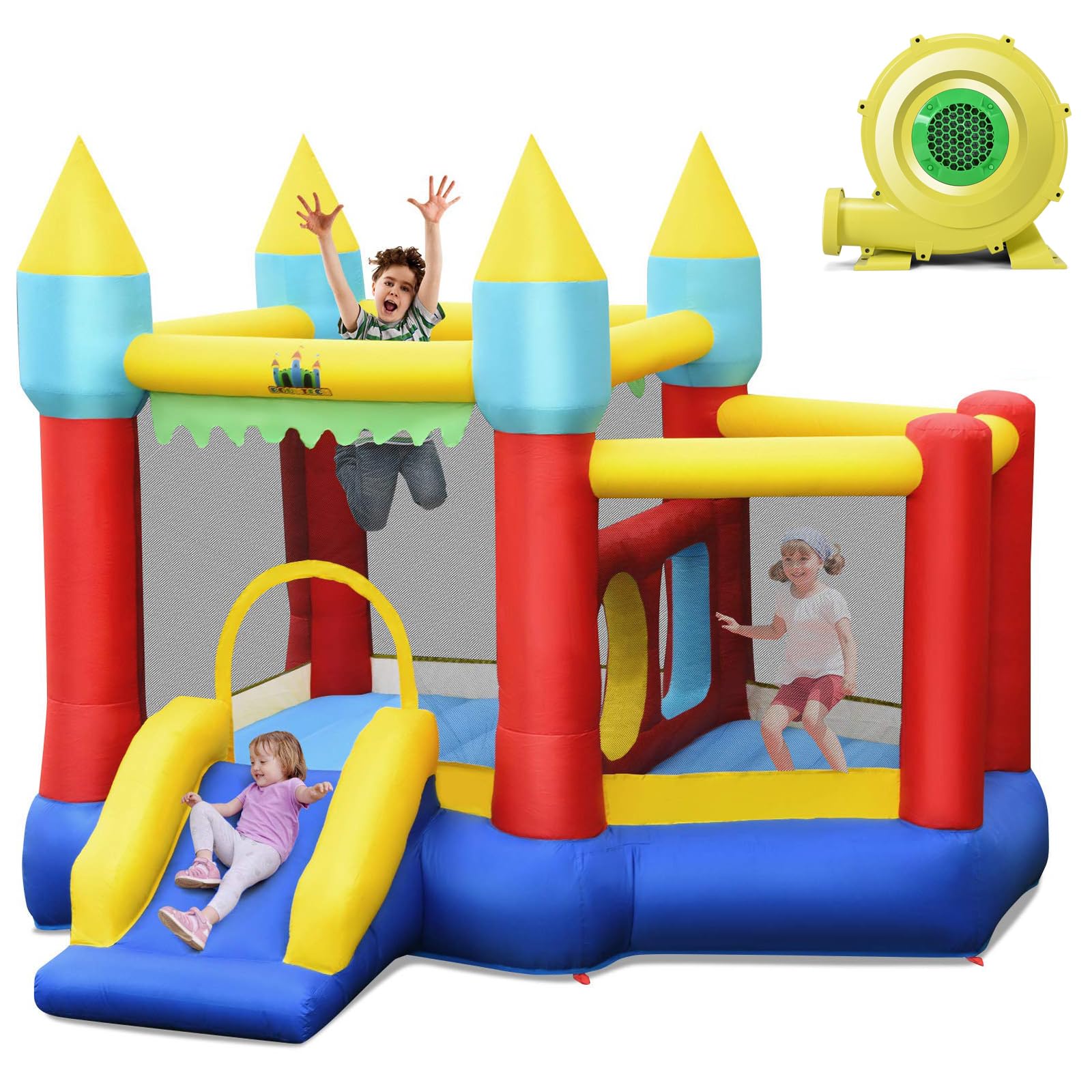COSTWAY Castillo Hinchable con Tobogán, Castillo Inflable de 301x313x165cm para Niños de 3 a 10 años, con 100 Bolas Oceánicas, Kit de Reparación y Bolsa de Transporte (con Soplador de 480 W)