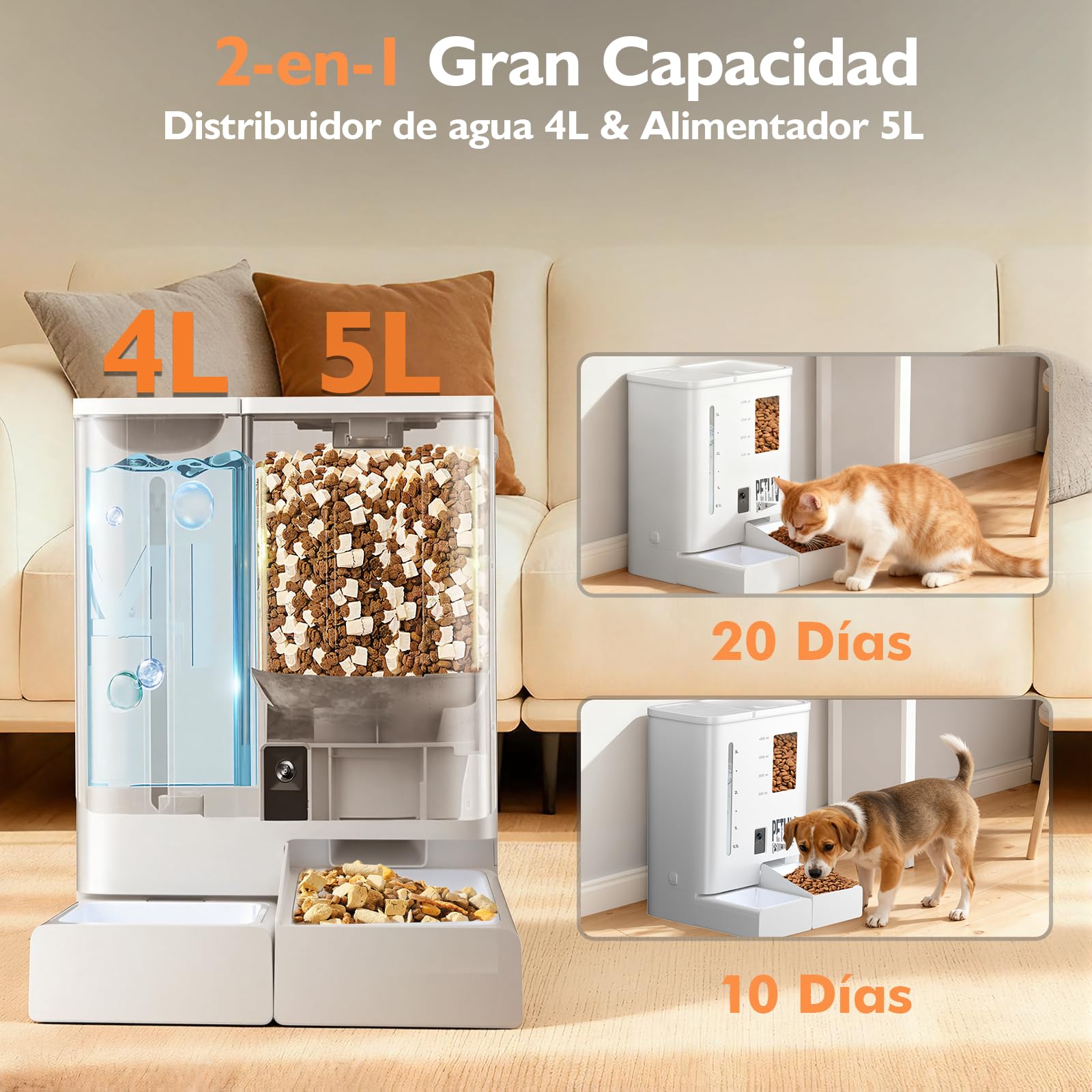 Comedero Automático para Gatos con Cámara 2K HD Visión Nocturna, WiFi 2,4G/5G Control por App, Audio Bidireccional Anti Atascos, Doble Alimentación, Depósito 5L Comida y 4L Agua