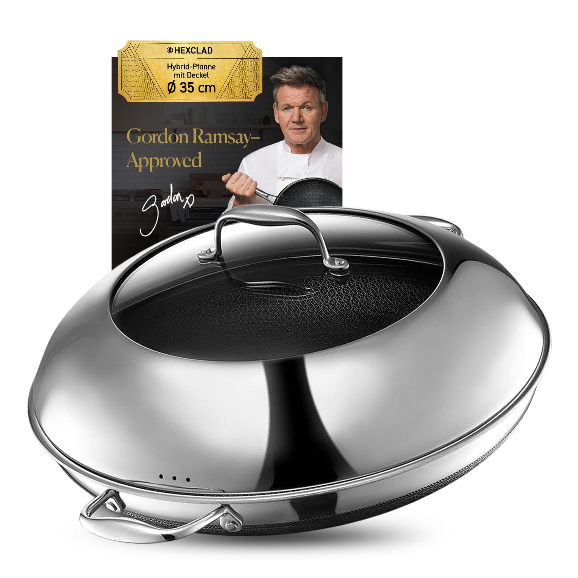 HexClad Hybrid-Pfanne mit Deckel, Ø 35 cm – Edelstahlpfanne mit Wabenstruktur – Bratpfanne für alle Herdarten, auch Induktion – Antihaftbeschichtete Pfanne, ofen- und spülmaschinenfest