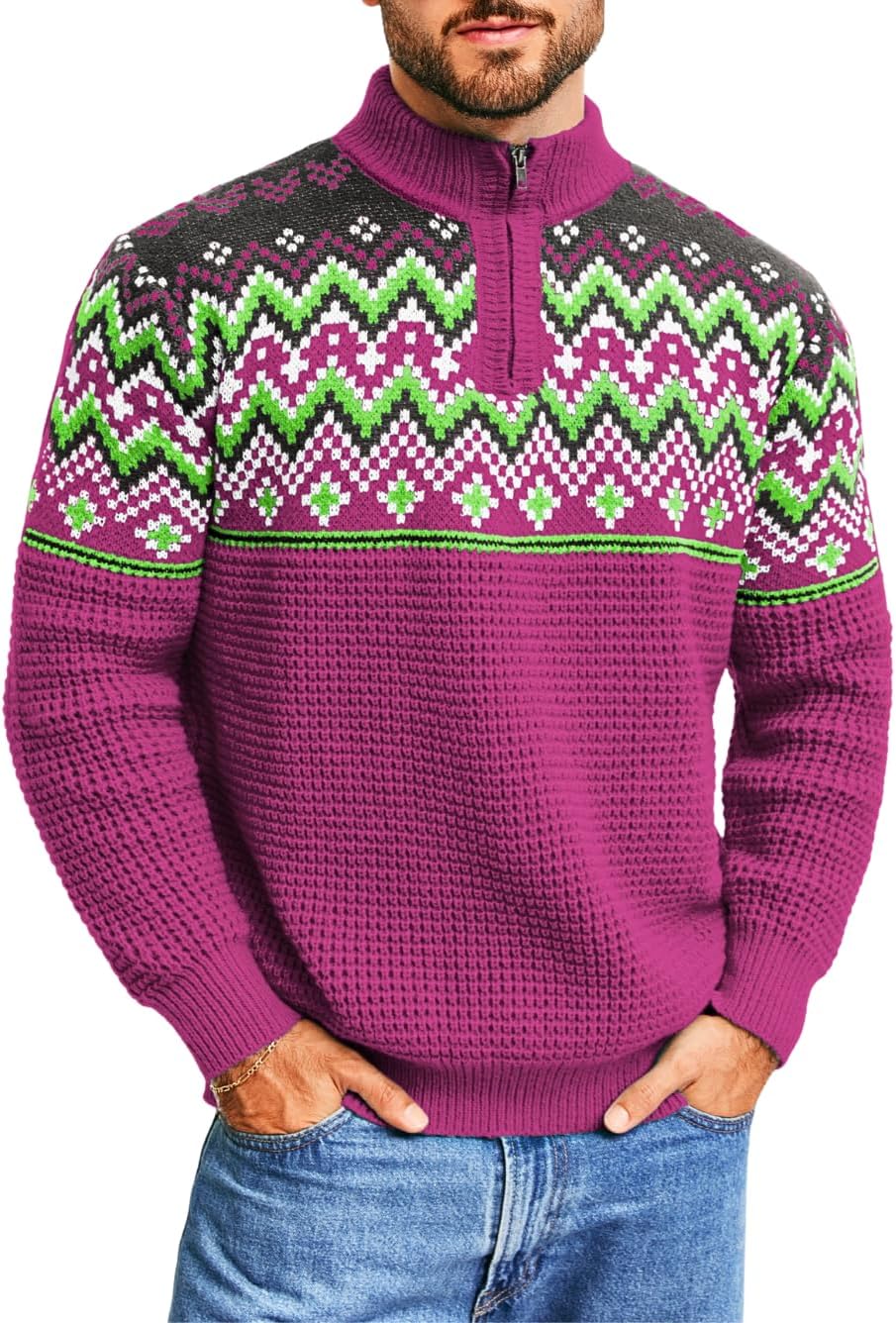 Men's Quarter Zip Fair Isle Sweater, Pullover Waffle Knitted Stand Collar, Nordic Vintage Long Sleeve Fits 32-42