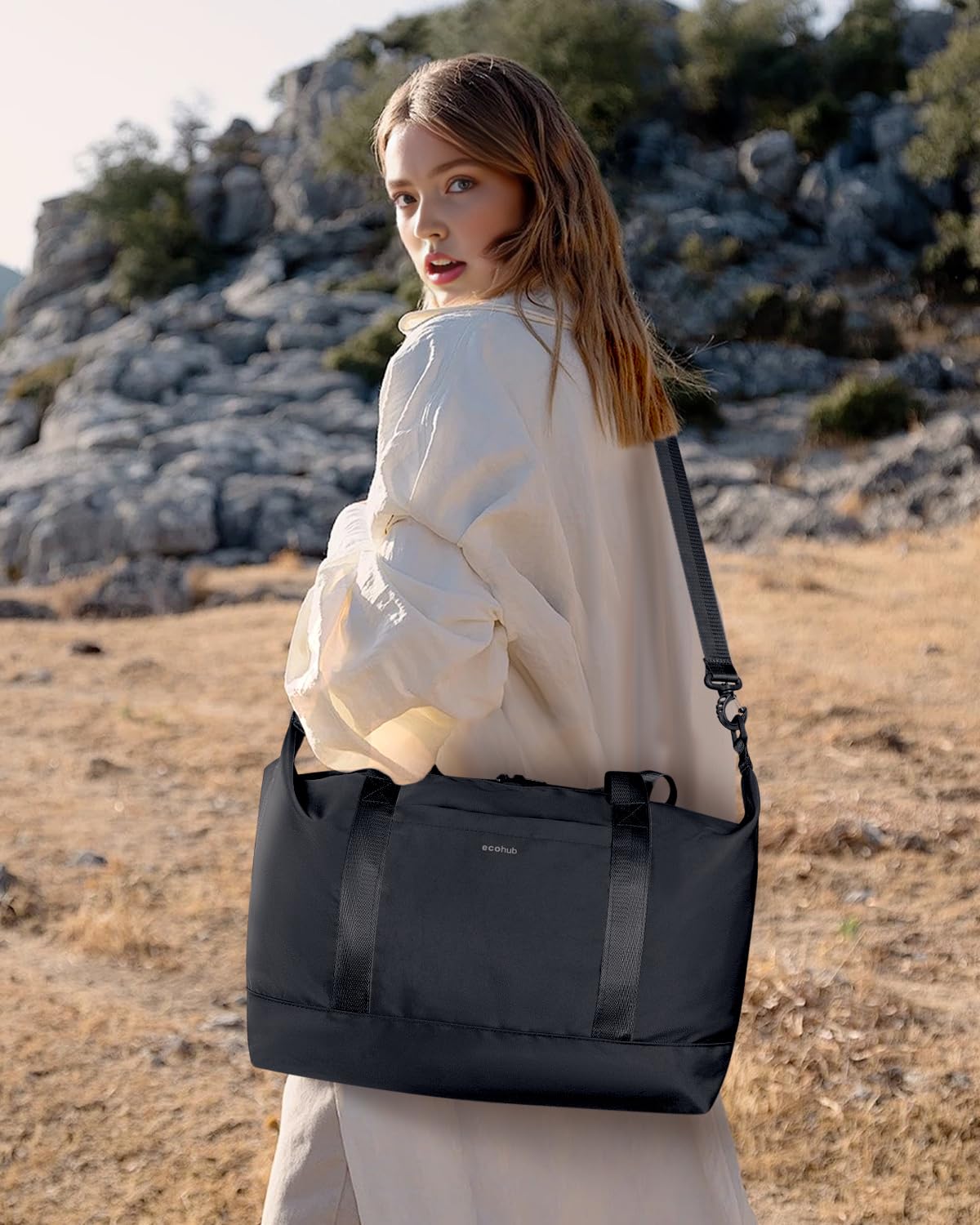 ECOHUB Sac de Voyage 40x30x20 Ryanair, Pliable Bagage Cabine, Léger Sac à Main, Weekend avec Pochette Humide Amovible pour Homme Femme, Sac Cabine Avion Imperméable Bagage a Main 20L (Noir)