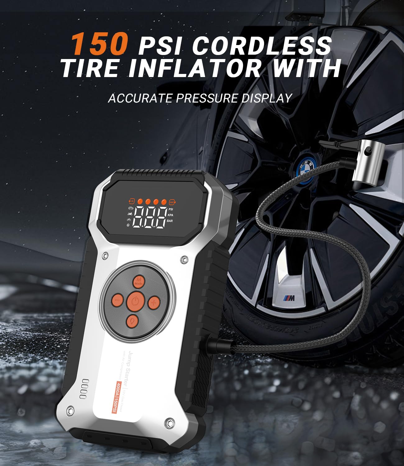 Arrancador de coche con compresor de aire, arrancador portátil de 4000 A 12 V (todo el gas/9L diesel), caja de batería de automóvil con inflador de neumáticos de 150 PSI, linterna de 3 modos