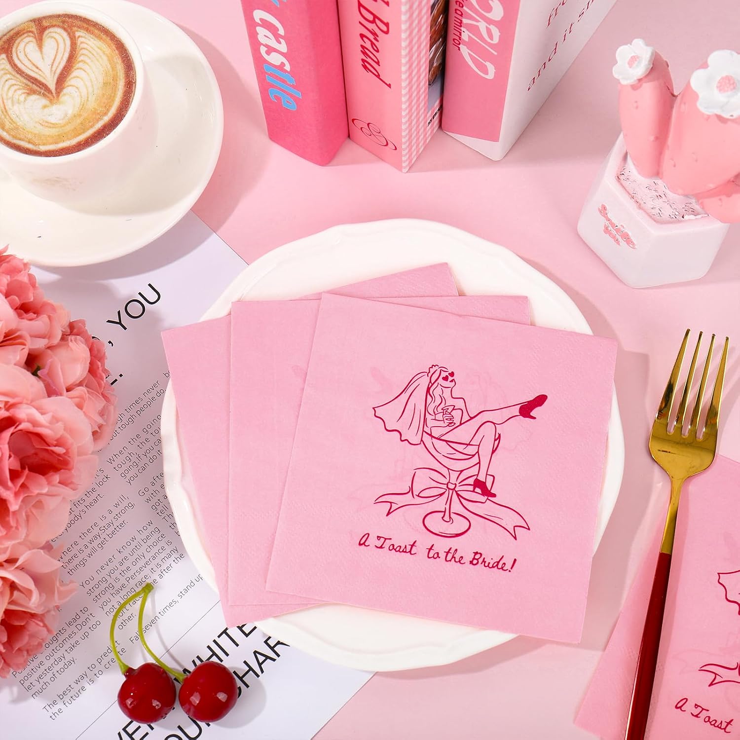 Whaline 50Pcs Bachelorette Napkins Pink Martini Cocktail Napkins 5 x 5 Inch A Toast to the Bride Disposable Drink Beverage Paper Napkin for Bridal Shower Fun Themed Party Supplies