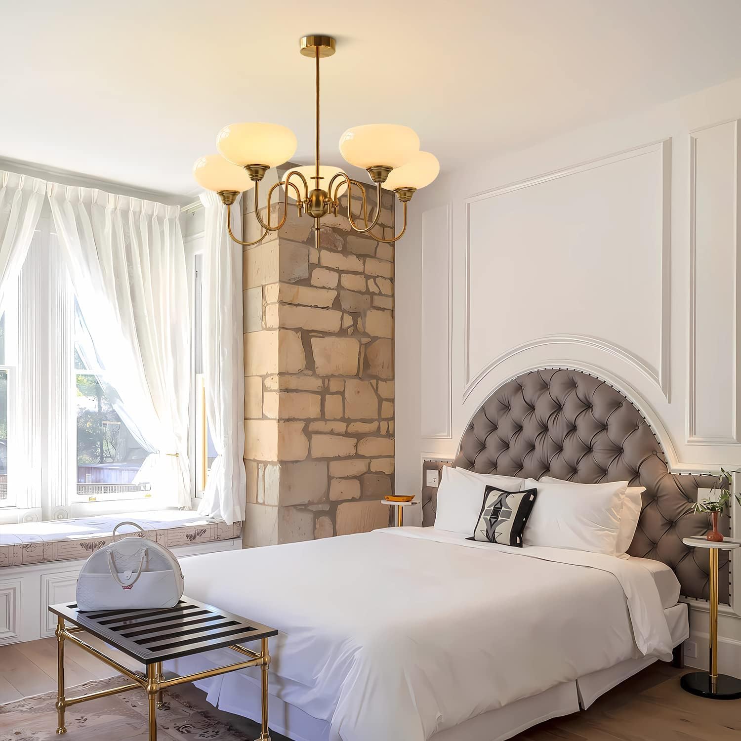 KCO Lighting Goldfarbener Vintage-Kronleuchter, moderner 5-flammiger Kugel-Kronleuchter mit glattem Lampenschirm, Sputnik-Pendelleuchte, Esszimmer-Deckenleuchte für Wohnzimmer, Schlafzimmer
