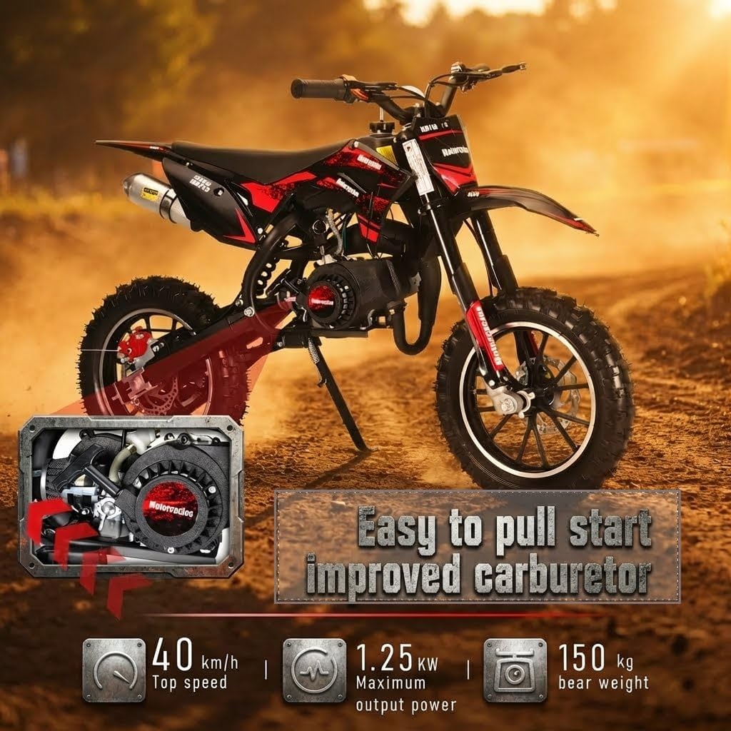 50cc 2-Stroke Kids Dirt Bike,Gas Powered Motorcycle for Kids with Off-Rode Tire, Front Rear Disc Brakes Motocross,Up to 25 Mph,Shock Absorption Pocket Motorbike (red)