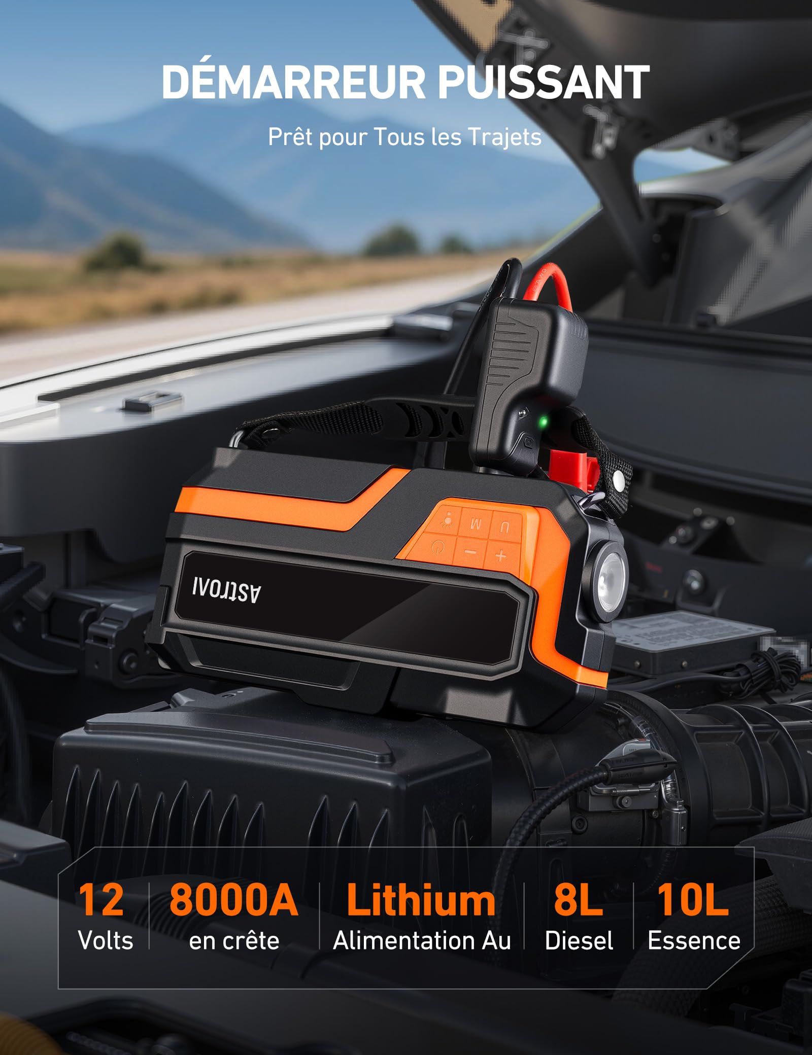 AstroAI Booster Batterie Voiture 6000A Démarreur avec Compresseur à Air | 150PSI 12V 10L Essence/8 L Diesel, Ecran LED Pinces de Sécurité Facilité d'Utilisation Compact pour Voitures Motos SUV Orange