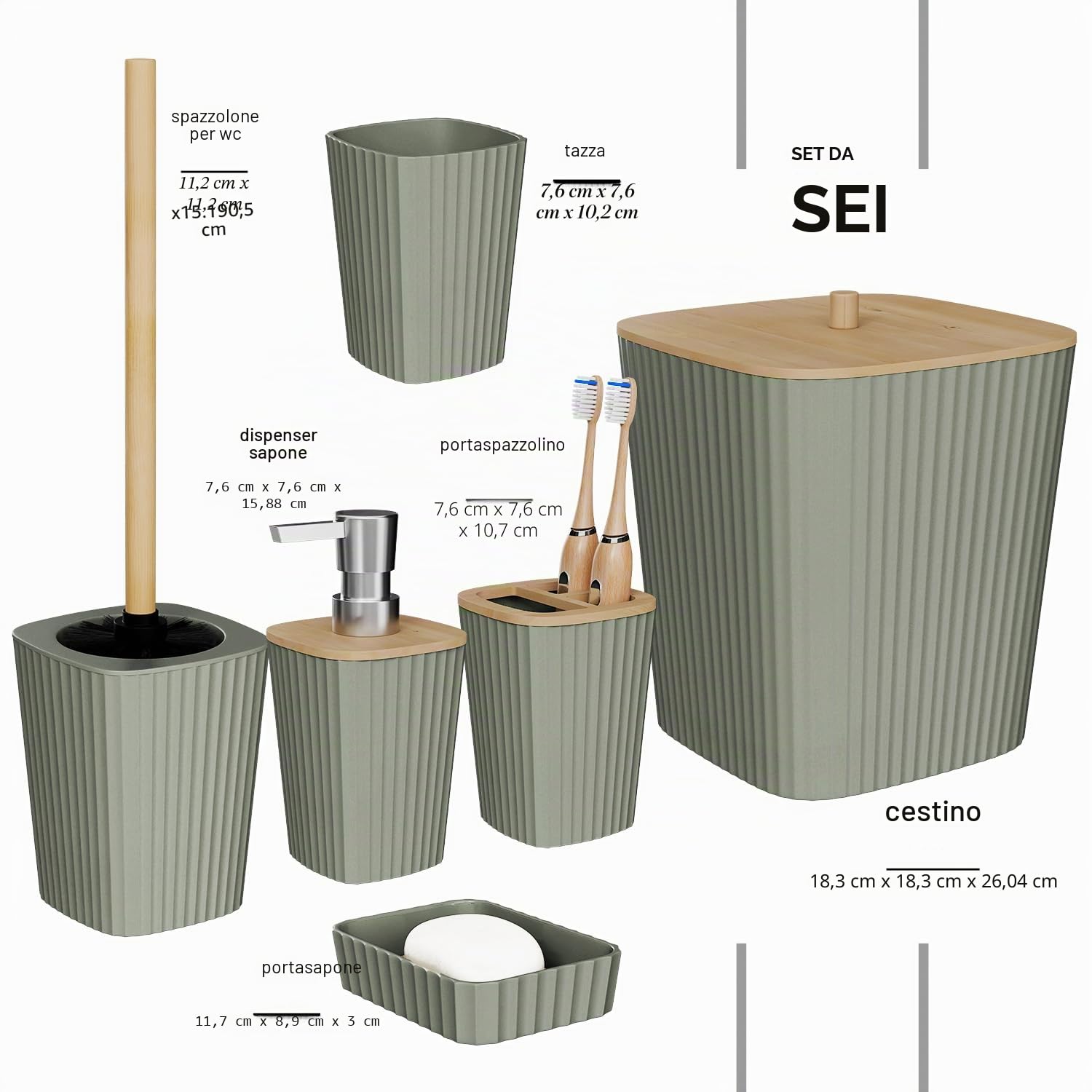Clara Clark Set di accessori da bagno verde salvia, set di 6 accessori da bagno, set da bagno con scopino, cestino e dispenser di sapone