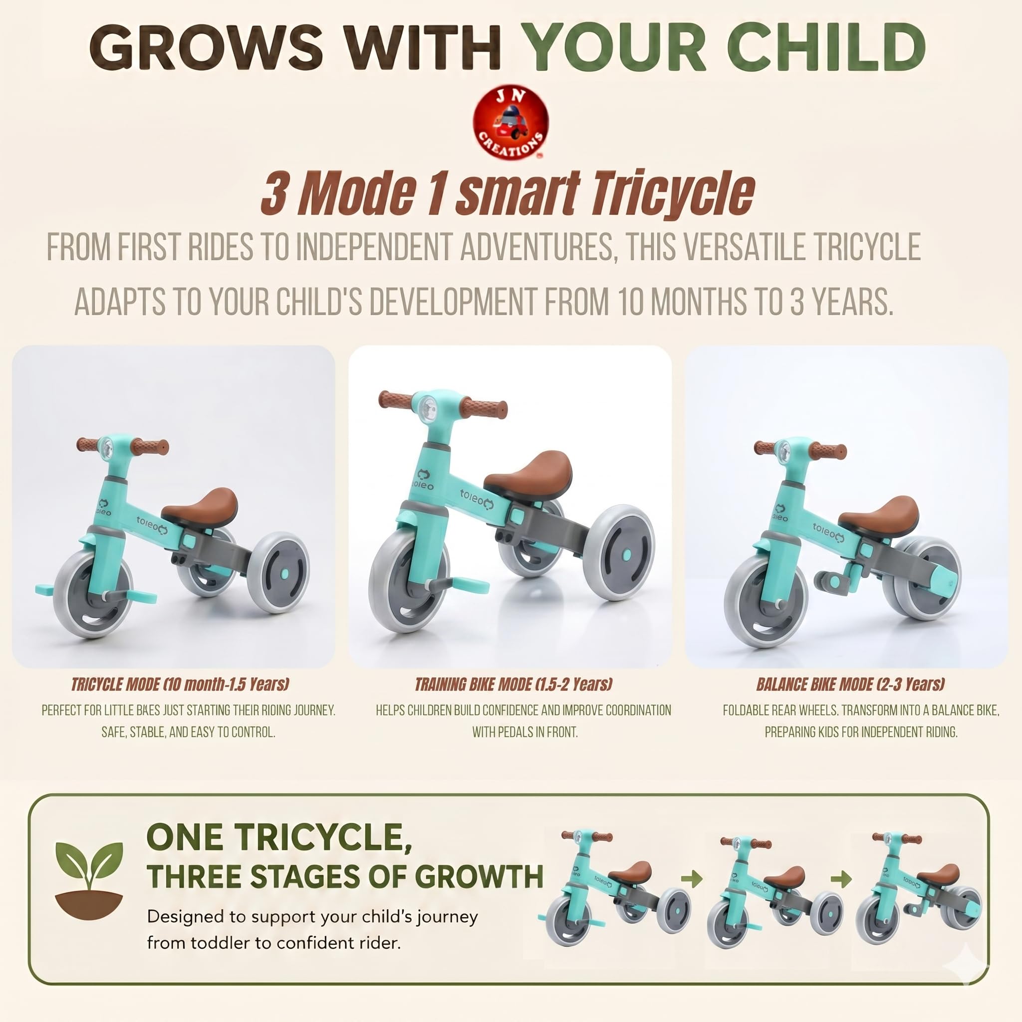 JN Creations 3-in-1 Toddler Tricycle | Slide, Pedal & Balance Bike for Kids | Leather Seat, Silent Wheels & Sturdy Frame | Ideal for 10 Months to 3 Years (Tiffany Blue) 2