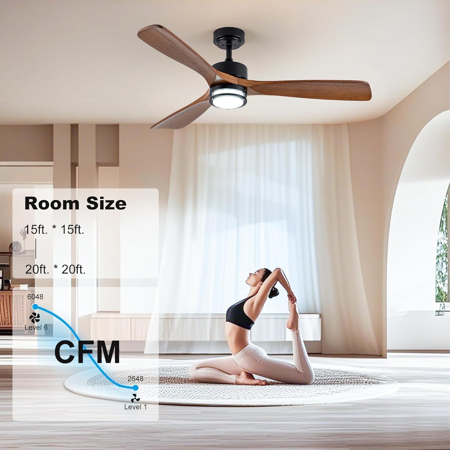 52 Outdoor Ceiling Fan with Light 3 Walnut Solid Wood Blade Remote Control 3CCT Dimmable LED Timer 6-Speed — view 6