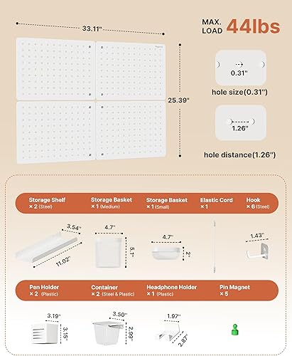 Miniatura 6 de Kit de combinación de organizador de pared de tablero perforado, en total 33.1 x 25.4 pulgadas, tablero de clavijas de metal para oficina con 21