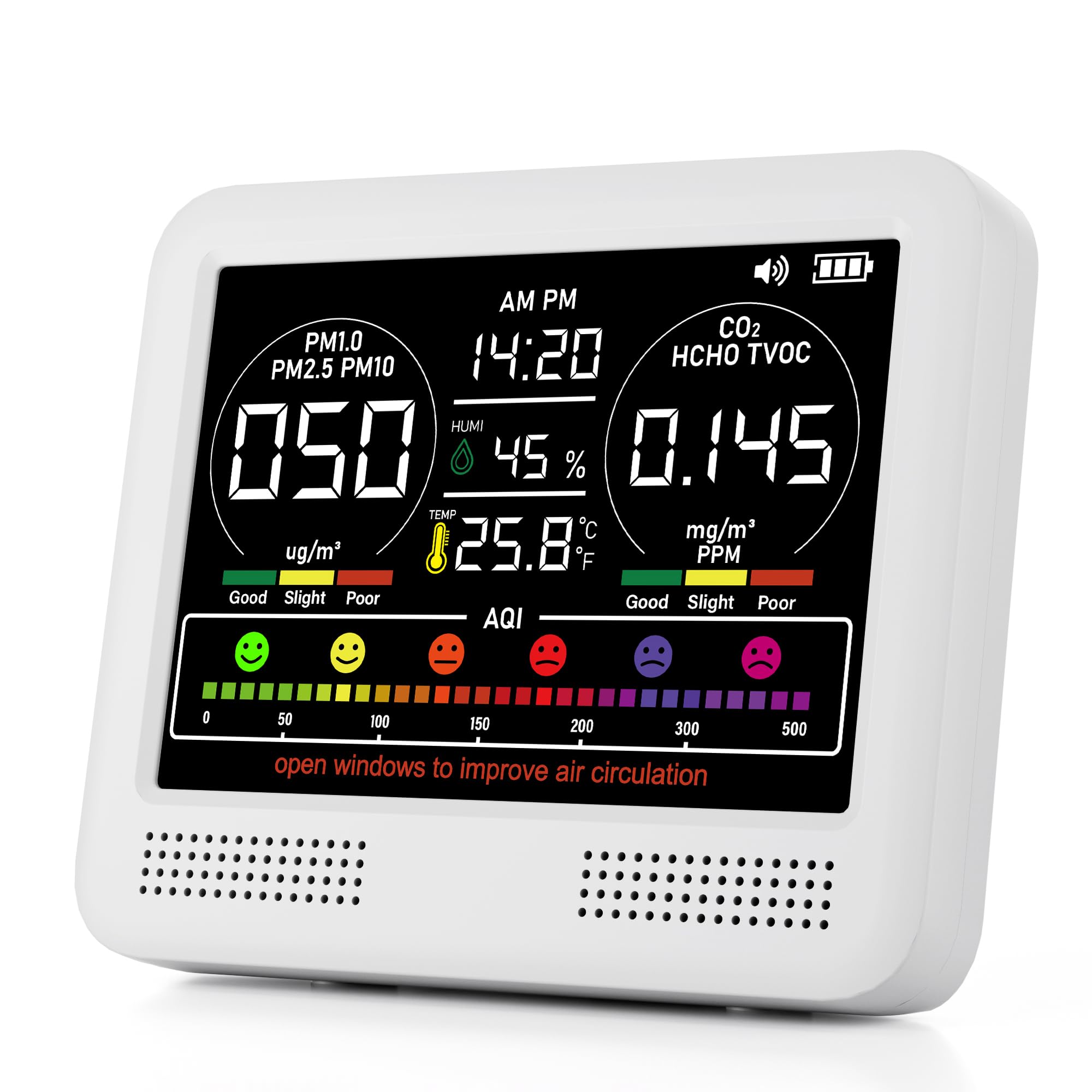 16-in-1 Indoor Air Quality Monitor with PM1.0,PM2.5,PM10,CO2,HCHO,TVOC,Temperature,Humidity,Time Display &amp;7 AQI Alarms – Professional Air Quality Tester for Home, Office &amp; Indoor Use (Milky White)