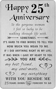 TANWIH 25th Anniversary Card Gifts for Women Wife, Happy 25 Year Wedding Anniversary Cards for Her, Engraved Metal Wallet Insert