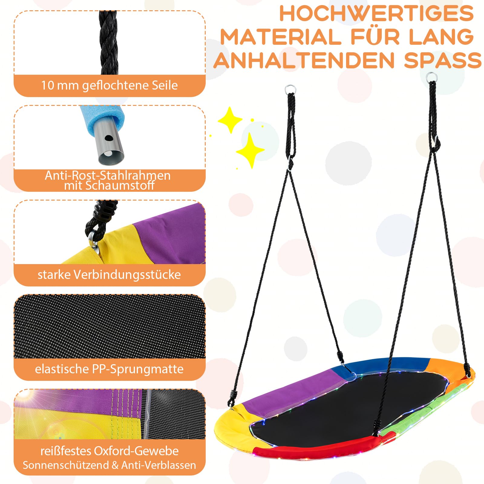 GOPLUS Nestschaukel Outdoor, 150 x 81 cm Kinderschaukel mit LED-Lichtern bis 150 kg Belastbar, Hängeschaukel 100-180 cm höhenverstellbar, Baumschaukel Rundschaukel für Kinder ab 3